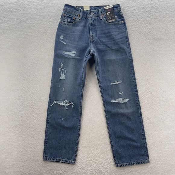 Levi's Denim - Levi's 501 '90s Jeans Women 26x30 Blue Straight Destroyed Button Fly Denim Big E